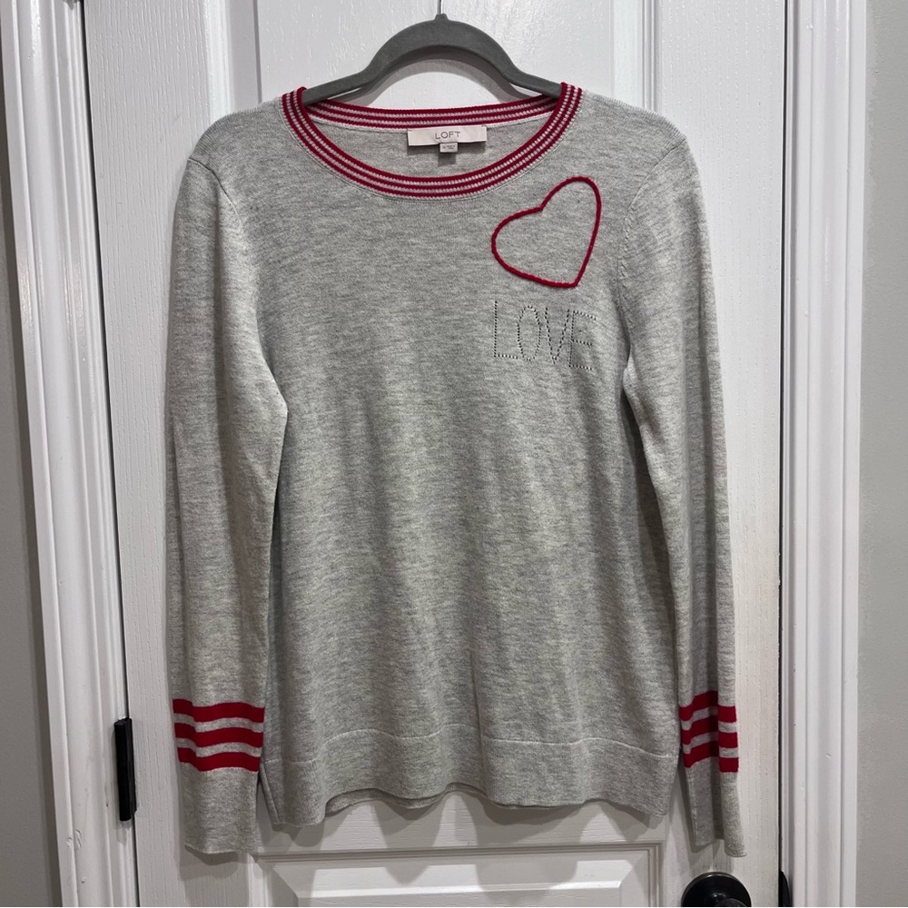 LOFT Gray Crewneck Sweater with Pink Heart & Stripe Accents